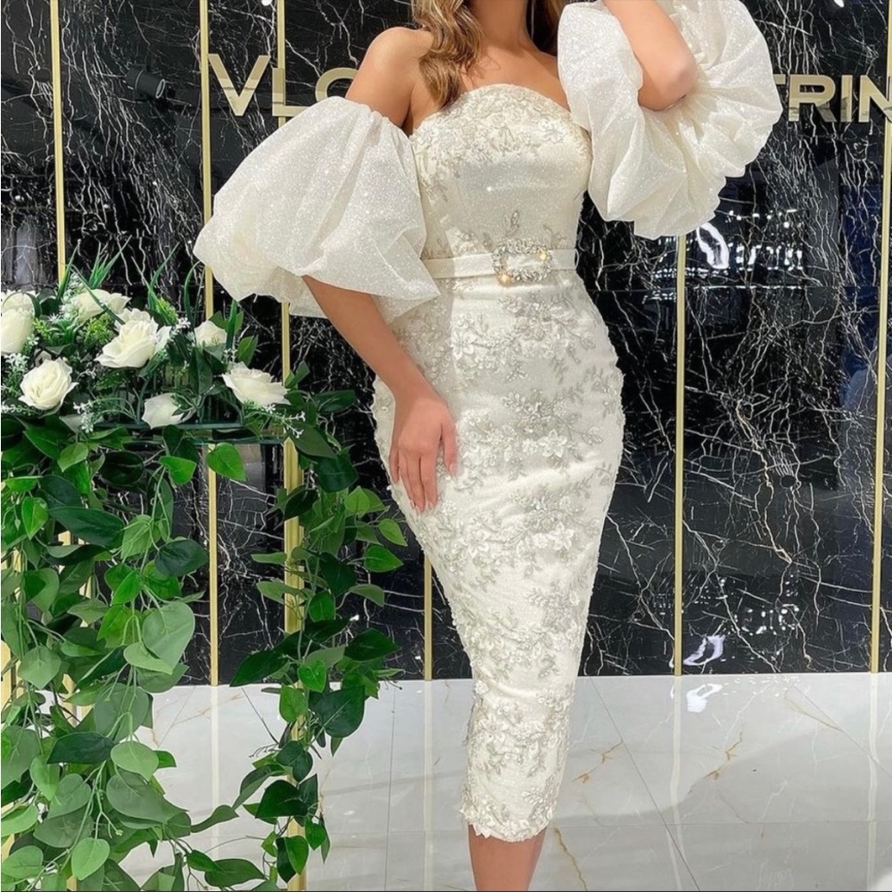 Vlora & Kaltrina ivory beaded midi dress
